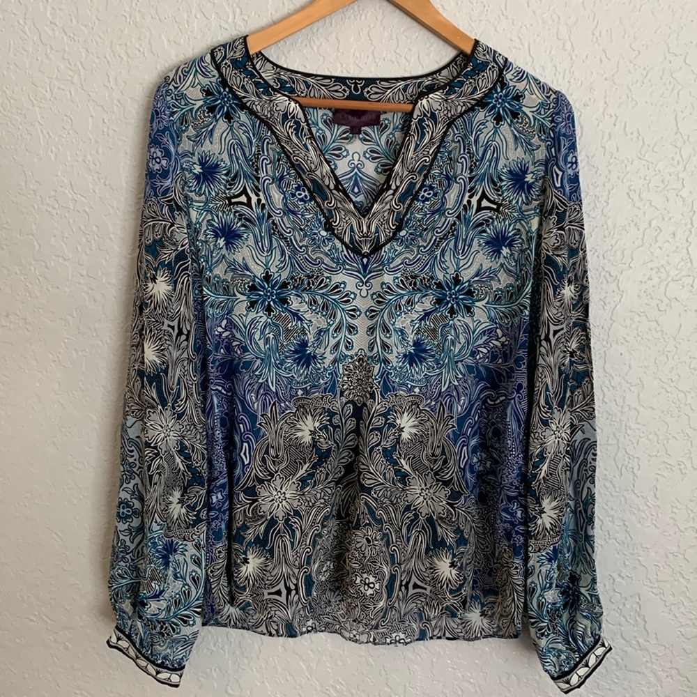 Hale Bob Women's Sz M Top Blouse Shirt Blue Long Sleeve V Neck Career Casual